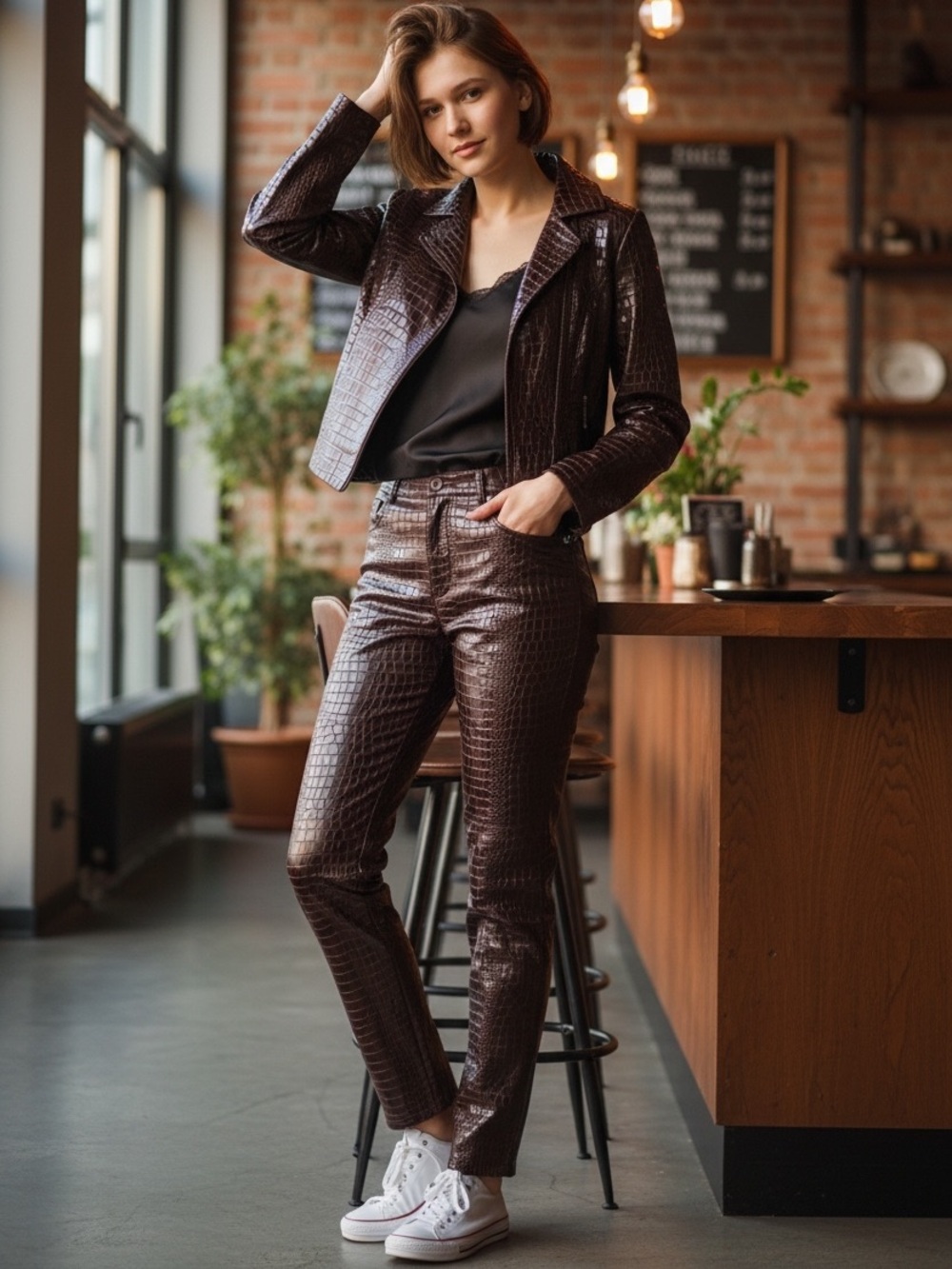 Croc-Embossed Faux Leather Jacket & Pants Set in Deep Brown